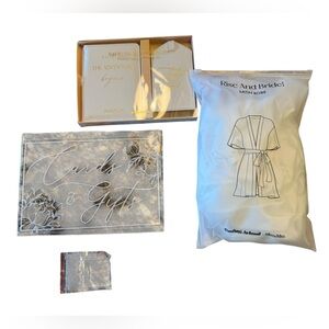 Miss to Mrs White Satin Bridal Robe , Lucite Cards & Gift Sign with Travel set